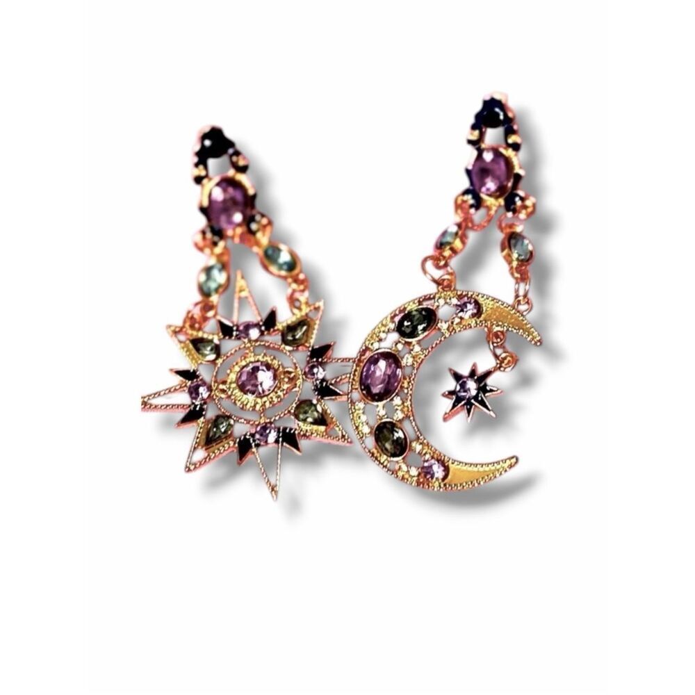 Celestial Moon Sun Star Crystal Dangle Earrings NWT Gold Whimsigoth